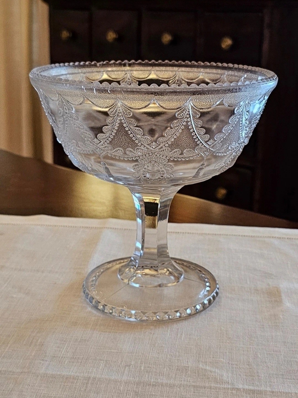 Antique Indiana Glass Teardrop & Tassel Clear Compote Pedestal Dish Candy Nut 6"